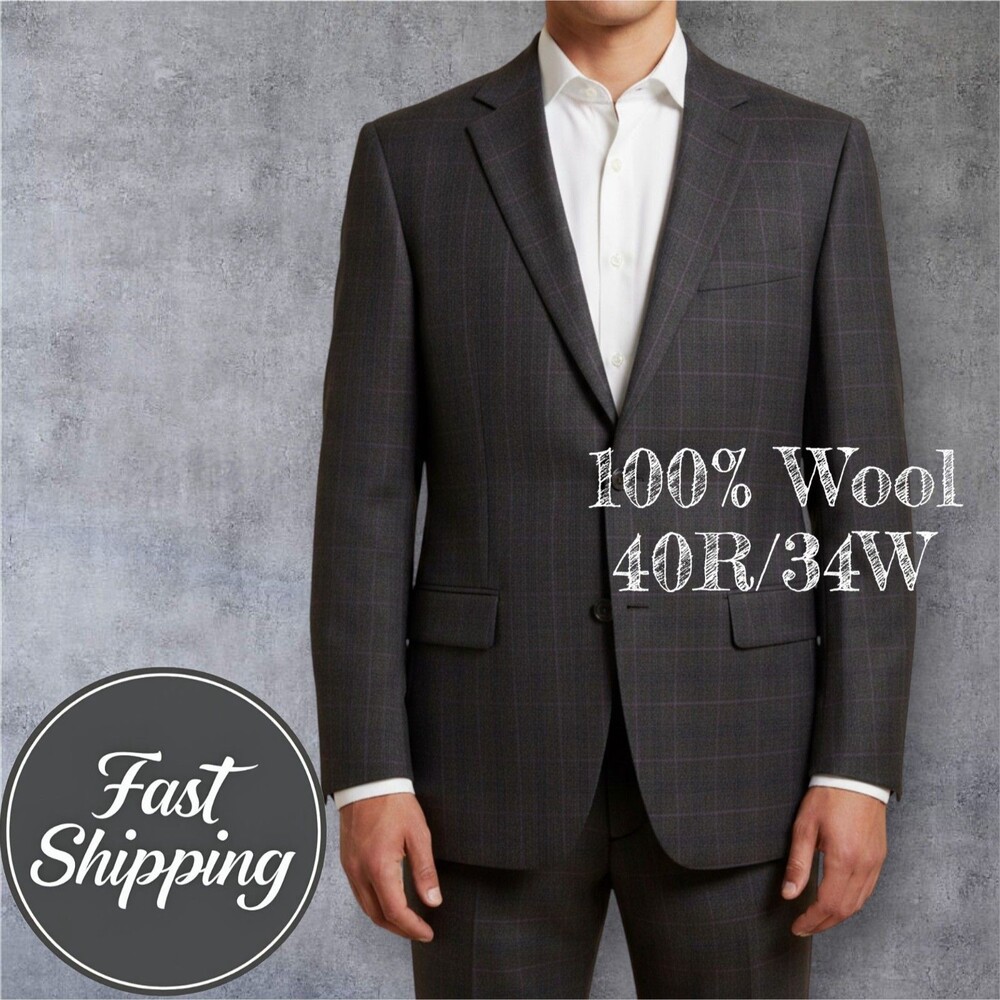 STAFFORD Slim Fit Mens 2 Piece suit 40R Blazer 34x29 Pants Wool Windowpane Brown